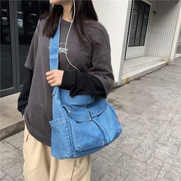 Denim Shoulder Bag Canvas Messenger Bag for Women Men Tote Bag Casual Retro Aest - Picture 7 of 8